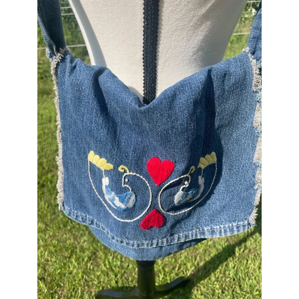 Vintage Handmade Denim Shoulder Bag With Heart & Bird Embroidery - Picture 3 of 4